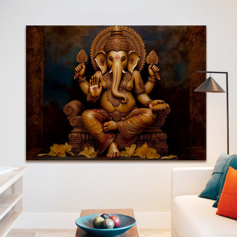 Large sized framed Lord Ganesha canvas painting for home and office. (GNWA04)