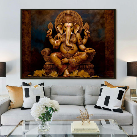 Large sized framed Lord Ganesha canvas painting for home and office. (GNWA04)