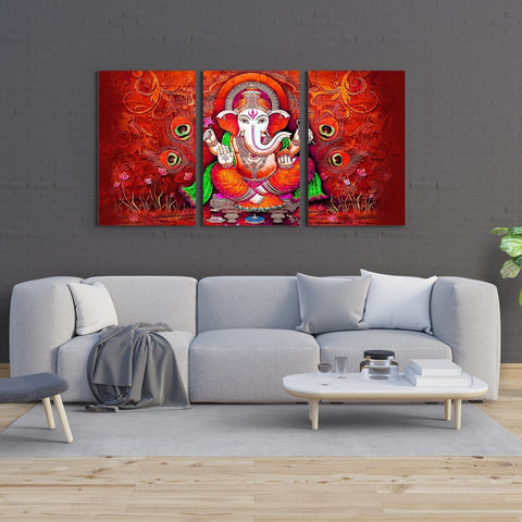 Lord Ganesha Wall Art 3 Split Panels Canvas Paintings For Home and Office Wall Decoration