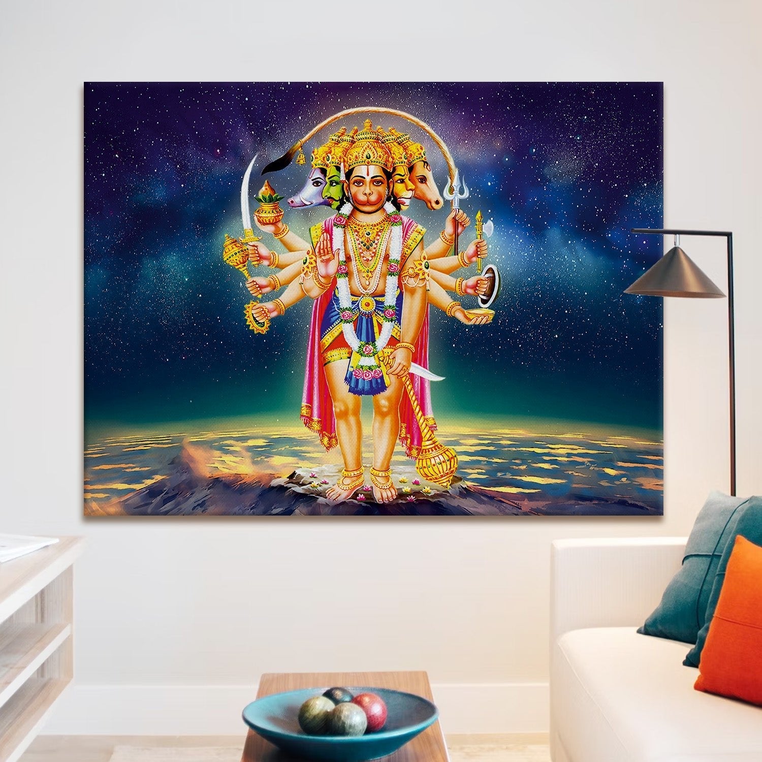 Lord Hanuman Bajrang Bali Divine Large Wall Art - Devotional Artwork Unique Religious Canvas Framed Paintings Modern Art For Living Room Bedroom Office Decor. (BBWA01)