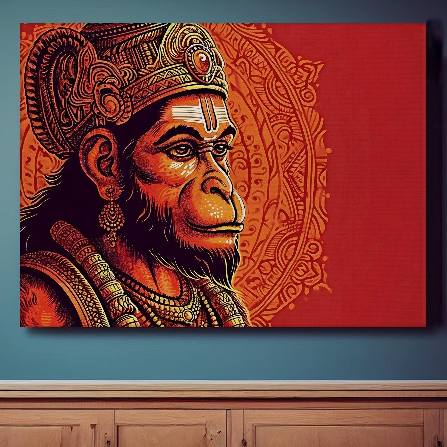 Lord Hanuman Bajrang Bali Divine Large Wall Art - Devotional Artwork Unique Religious Canvas Framed Paintings Modern Art For Living Room Bedroom Office Decor. (BBWA02)