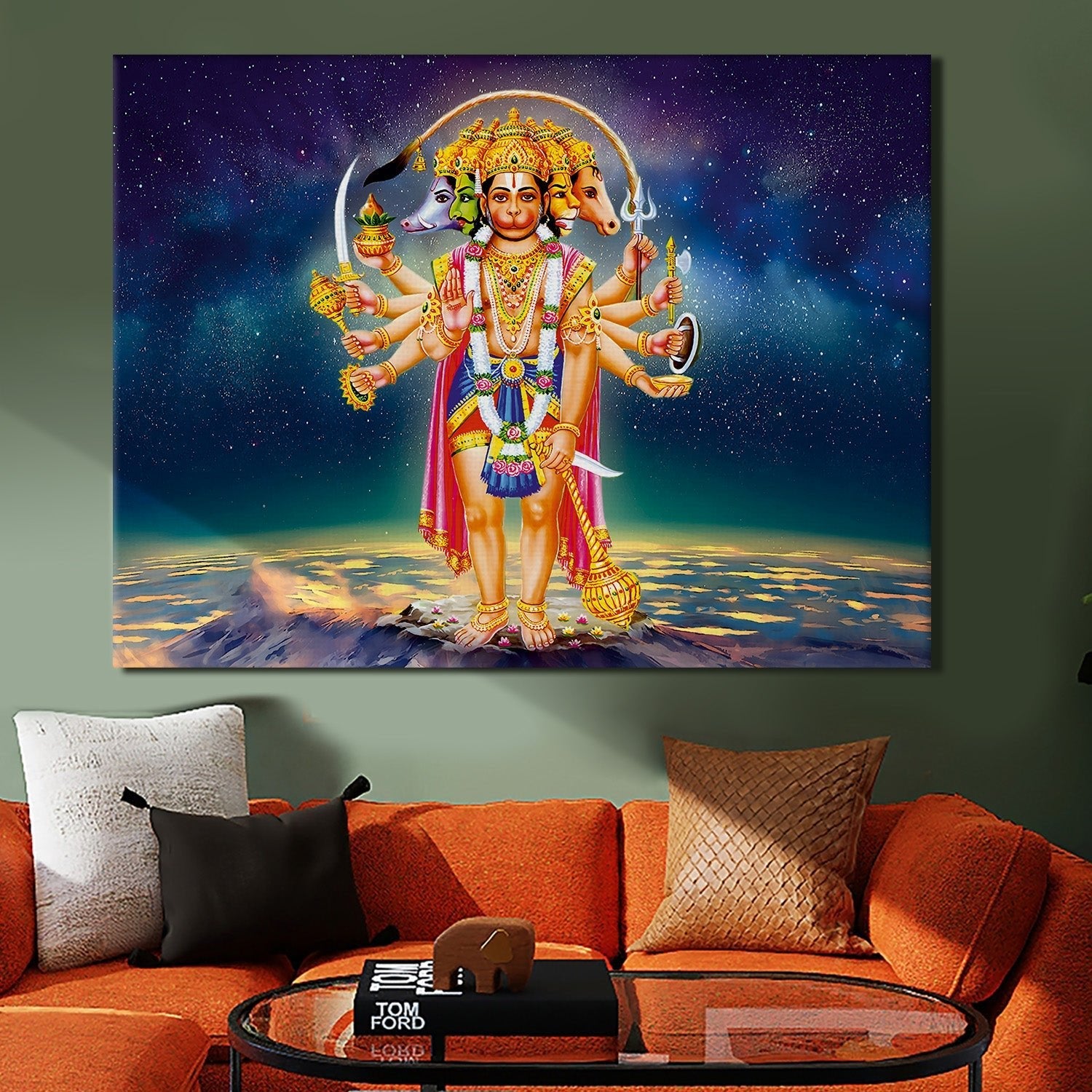 Lord Hanuman Bajrang Bali Divine Large Wall Art - Devotional Artwork Unique Religious Canvas Framed Paintings Modern Art For Living Room Bedroom Office Decor. (BBWA01)