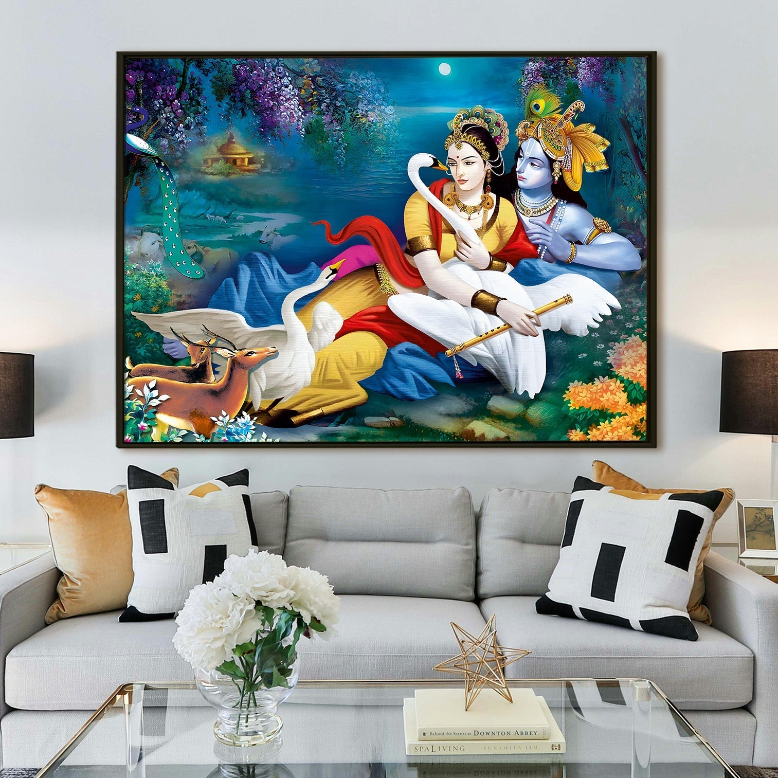 Lord Radha Krishna Divine Large Wall Art - Devotional Artwork Unique Religious Canvas Framed Paintings Modern Art For Living Room Bedroom Office Decor. (RKWA02)