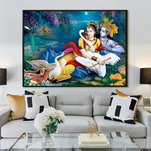 Lord Radha Krishna Divine Large Wall Art - Devotional Artwork Unique Religious Canvas Framed Paintings Modern Art For Living Room Bedroom Office Decor. (RKWA02)