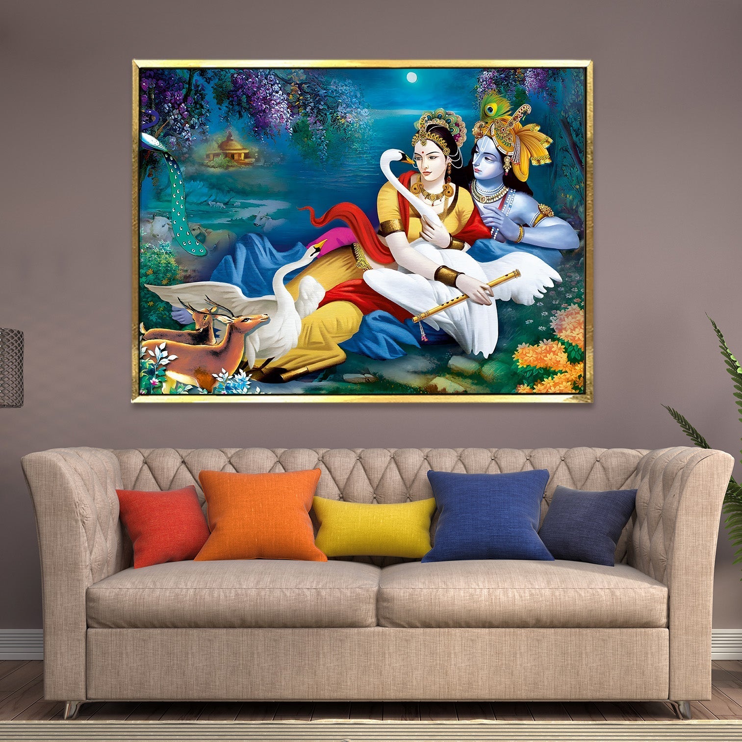 Lord Radha Krishna Divine Large Wall Art - Devotional Artwork Unique Religious Canvas Framed Paintings Modern Art For Living Room Bedroom Office Decor. (RKWA02)