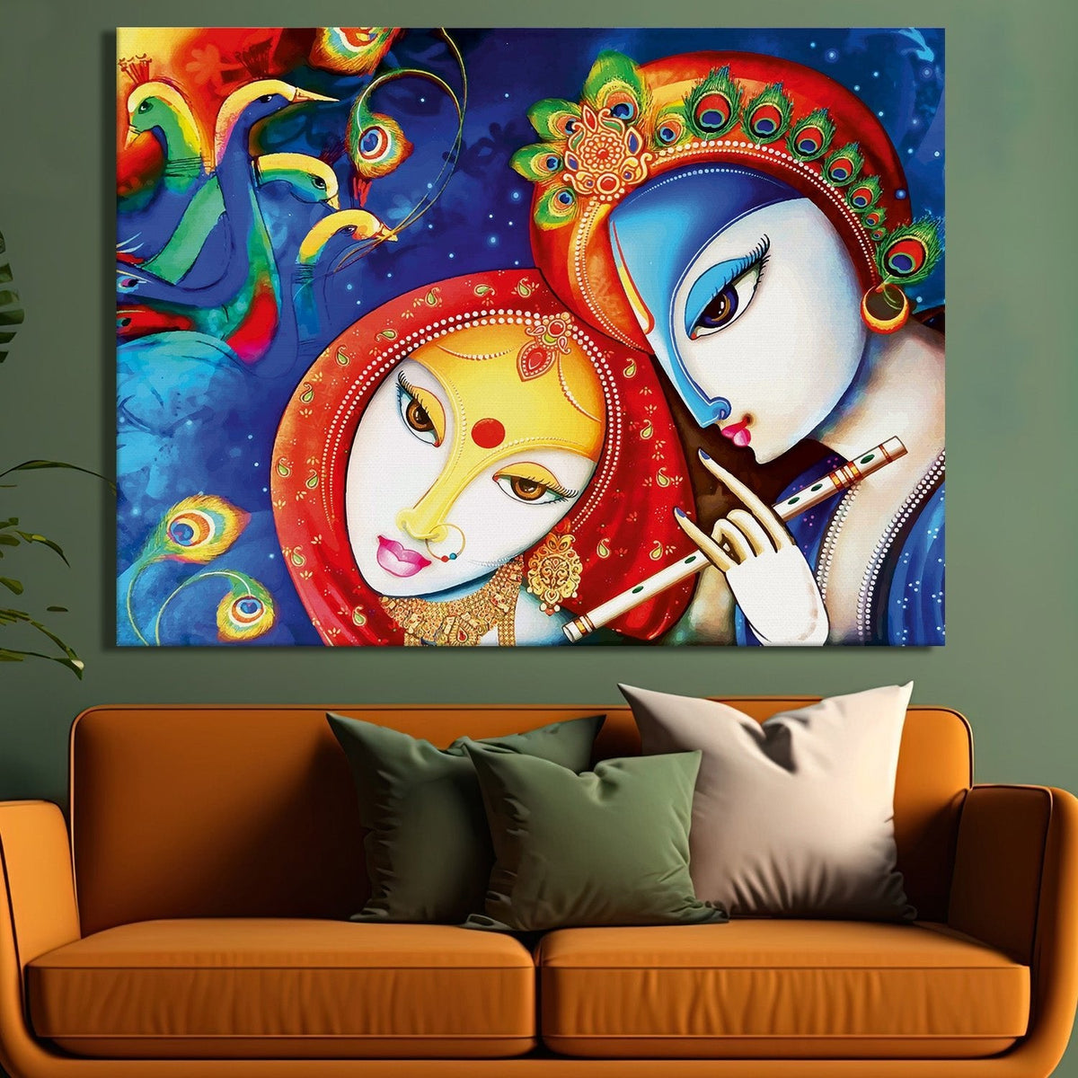 Lord Radha Krishna Divine Large Wall Art - Devotional Artwork Unique Religious Canvas Framed Paintings Modern Art For Living Room Bedroom Office Decor. (RKWA04)