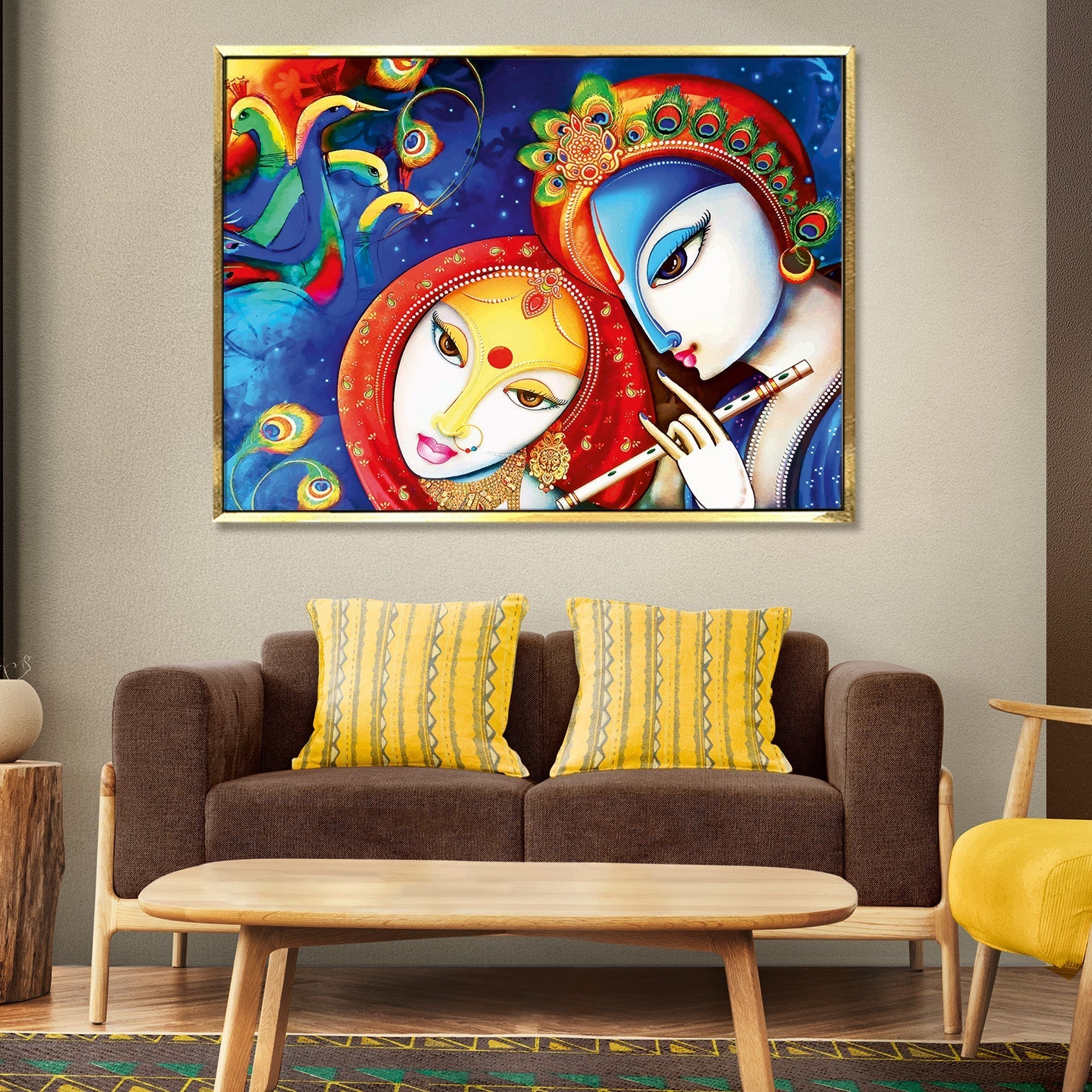 Lord Radha Krishna Divine Large Wall Art - Devotional Artwork Unique Religious Canvas Framed Paintings Modern Art For Living Room Bedroom Office Decor. (RKWA04)