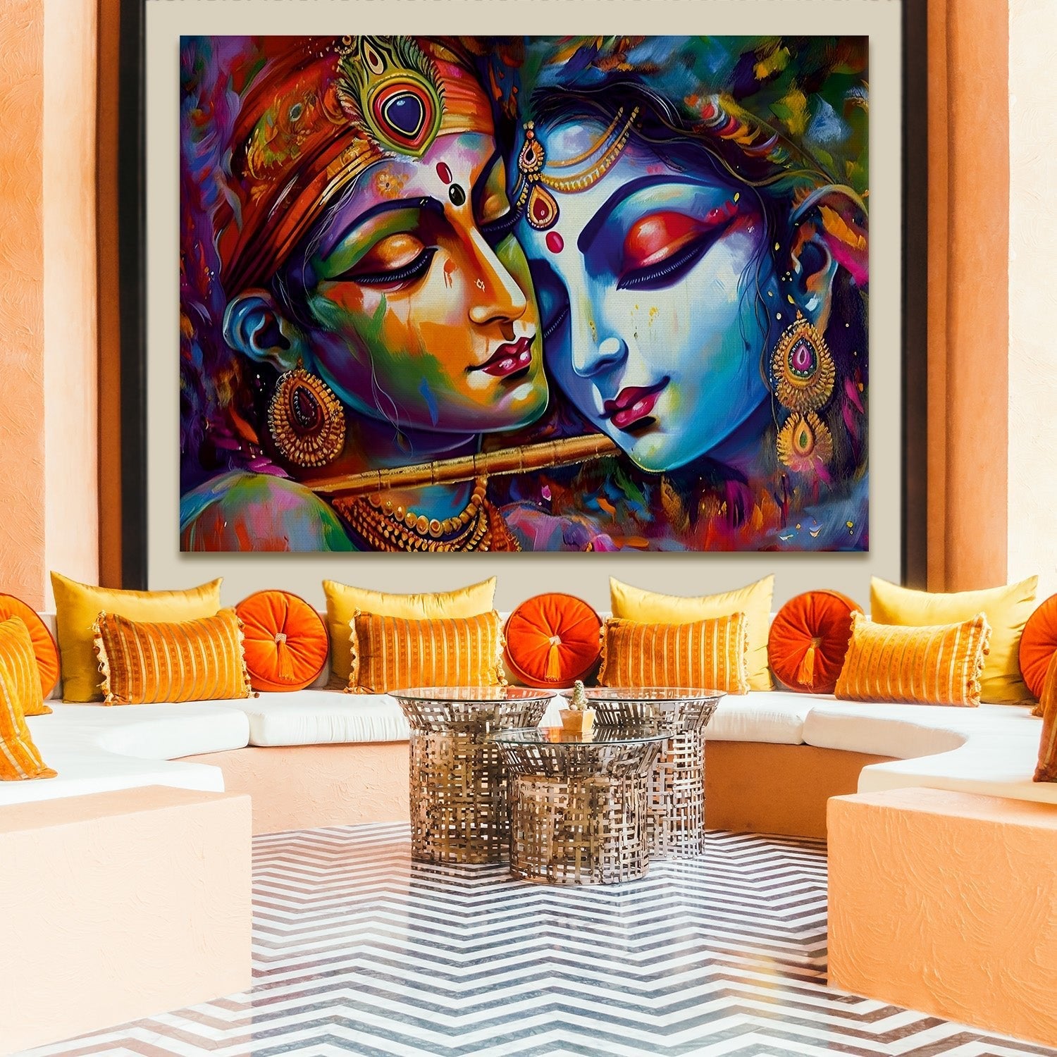 Lord Radha Krishna Divine Large Wall Art - Devotional Artwork Unique Religious Canvas Framed Paintings Modern Art For Living Room Bedroom Office Decor. (RKWA05)