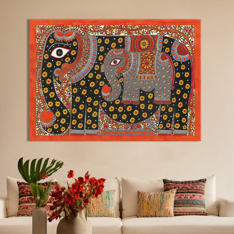 Madhubani Elephant Canvas Painting For Home and Hotels For Wall Decoration