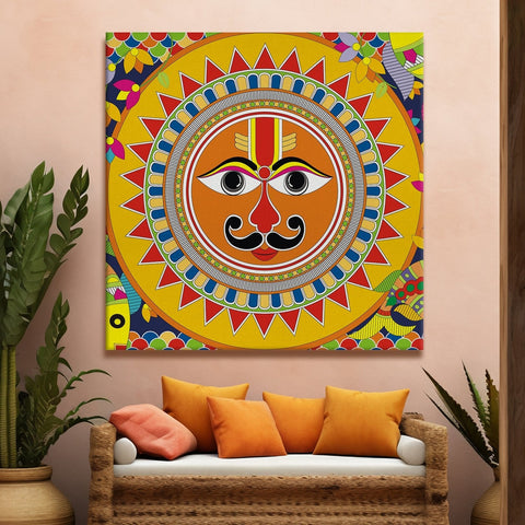 Madhubani Sun Canvas Painting For Living Room and Hotels Wall Decoration