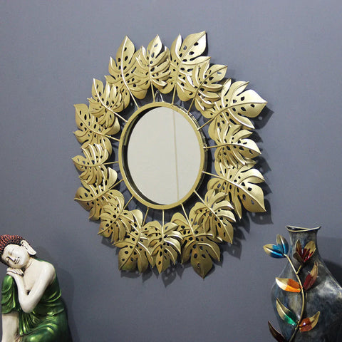 Pretty Golden Leaves Round Mirror Wall Decor