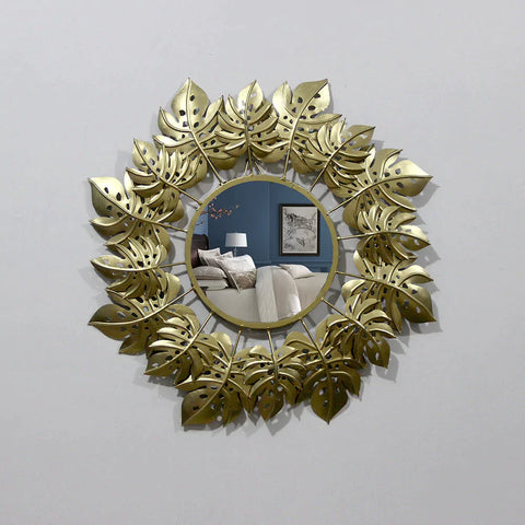 Pretty Golden Leaves Round Mirror Wall Decor