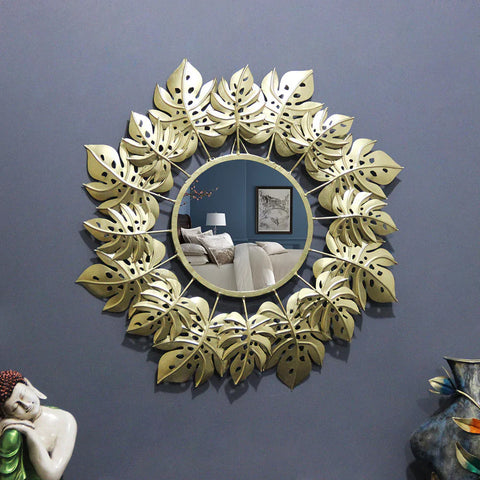 Pretty Golden Leaves Round Mirror Wall Decor