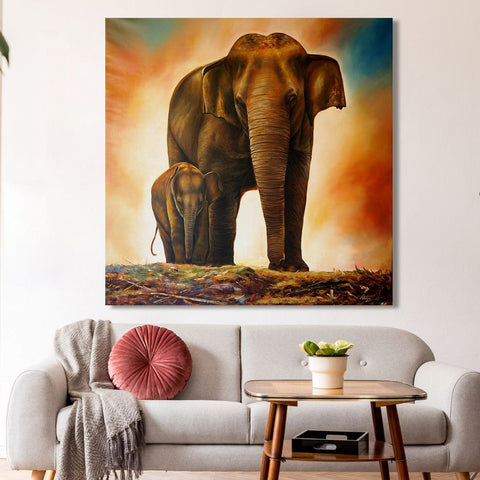 Mother Elephant and her Baby Vaastu Canvas Painting Framed .