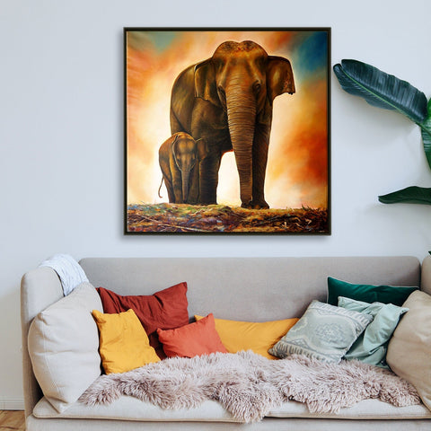 Mother Elephant and her Baby Vaastu Canvas Painting Framed .