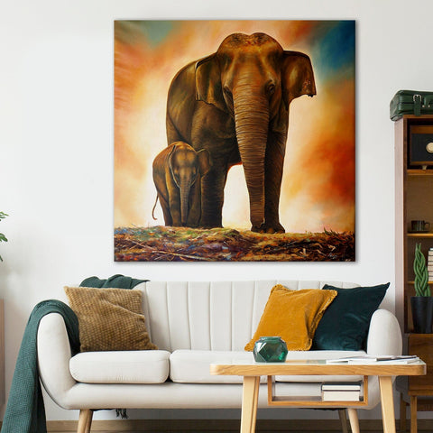 Mother Elephant and her Baby Vaastu Canvas Painting Framed .