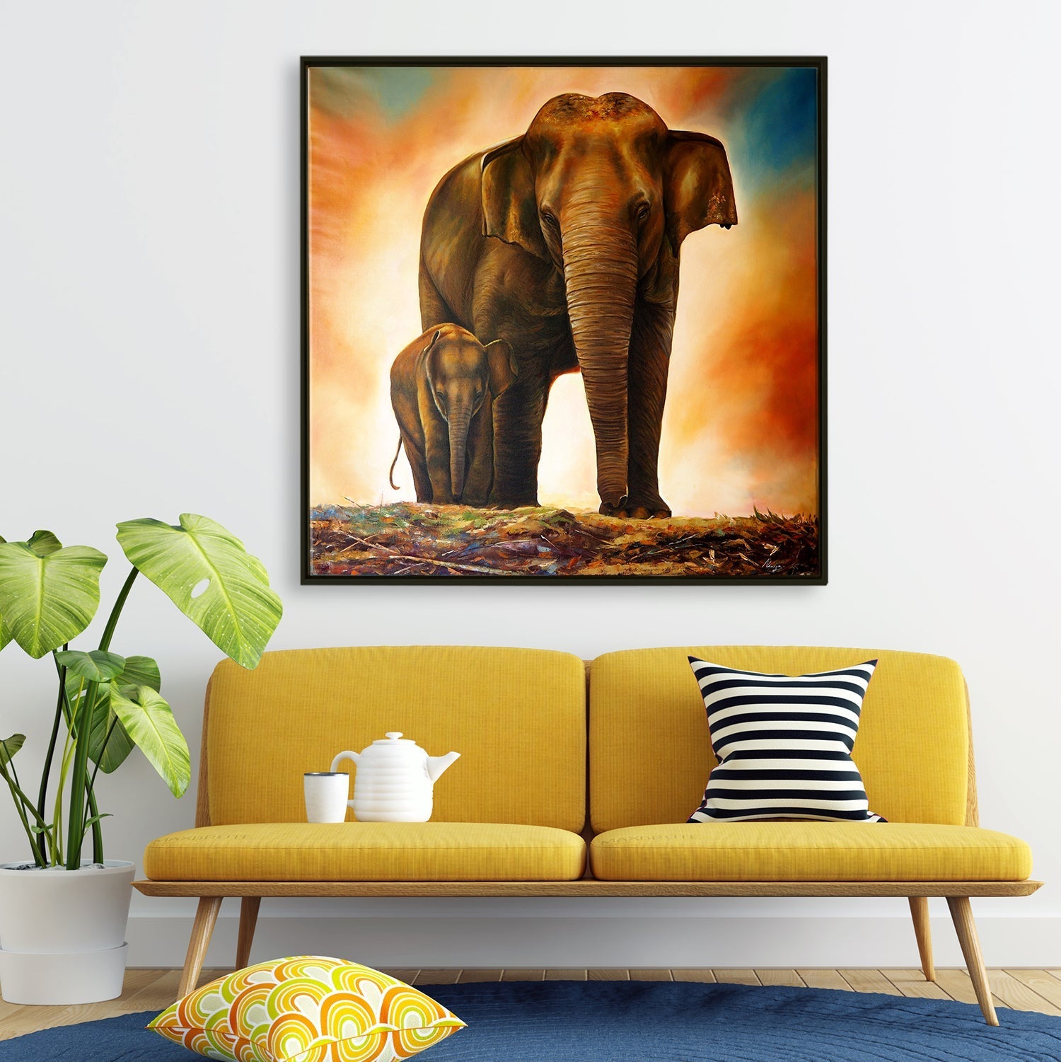 Mother Elephant and her Baby Vaastu Canvas Painting Framed .