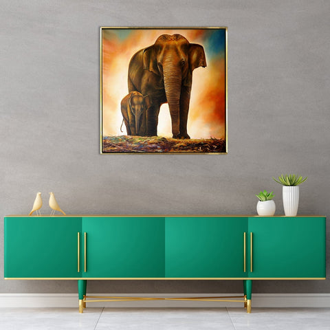 Mother Elephant and her Baby Vastu Canvas Painting Framed 24x24 Inch