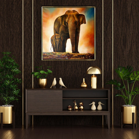 Mother Elephant and her Baby Vastu Canvas Painting Framed 24x24 Inch