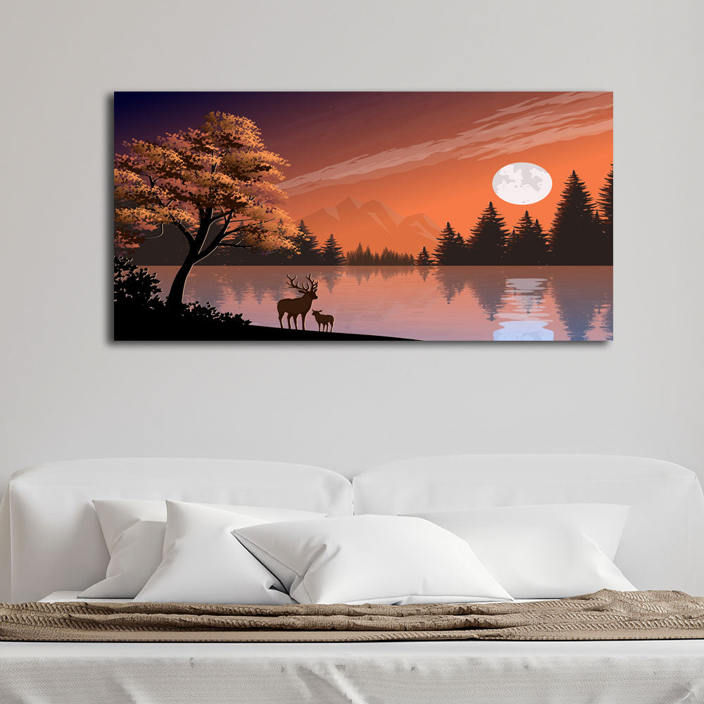 Deer In Sunset Near Lake Abstract Landscape Scenery Canvas Wall Painting