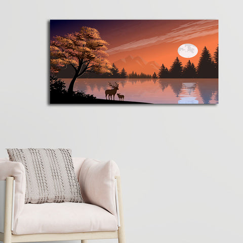 Deer In Sunset Near Lake Abstract Landscape Scenery Canvas Wall Painting