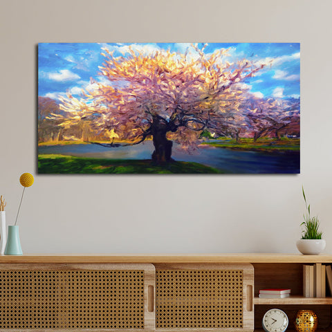 Abstract Colorful Rainbow Tree Blue Sky by The River Print on Canvas Wall Painting