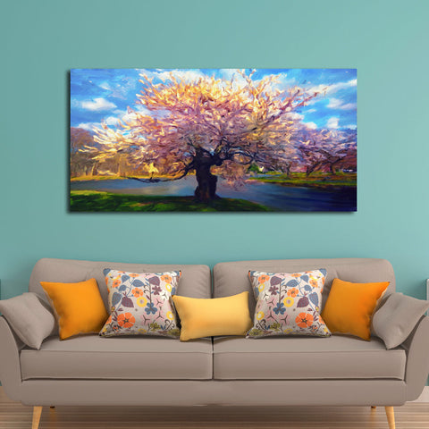 Abstract Colorful Rainbow Tree Blue Sky by The River Print on Canvas Wall Painting