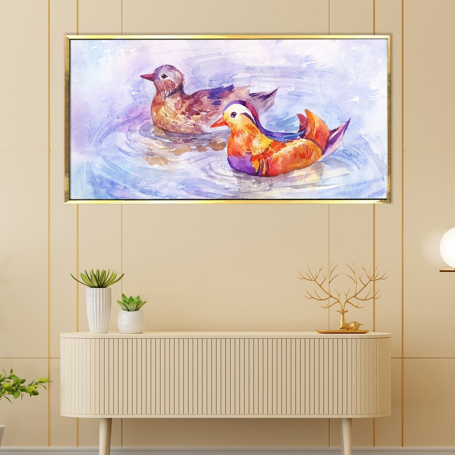 Pair of Duck Vastu Canvas Painting Framed Bedroom 18x36 Inch