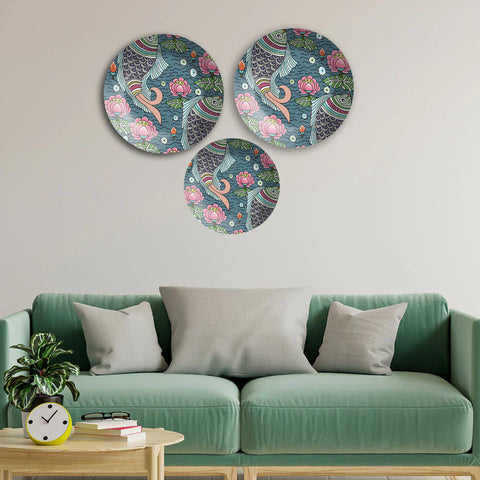 Fish Floral Wall Plates Painting Set of Three