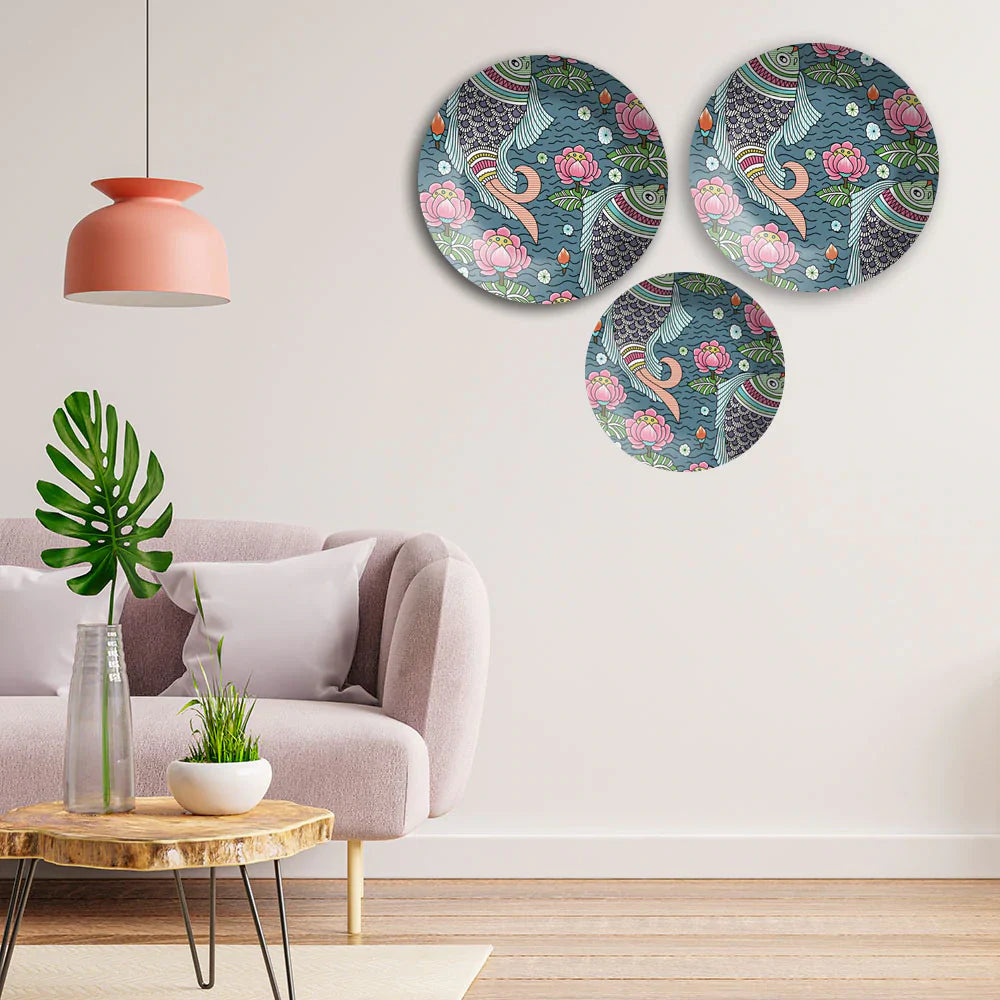 Fish Floral Wall Plates Painting Set of Three