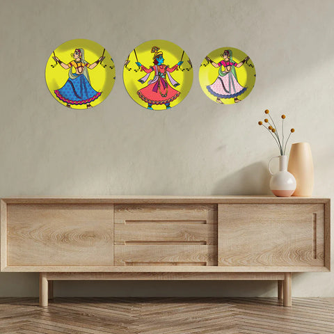 Krishan With Gopiya Dancing  Rash Lila Wall Plates Painting Set of Three