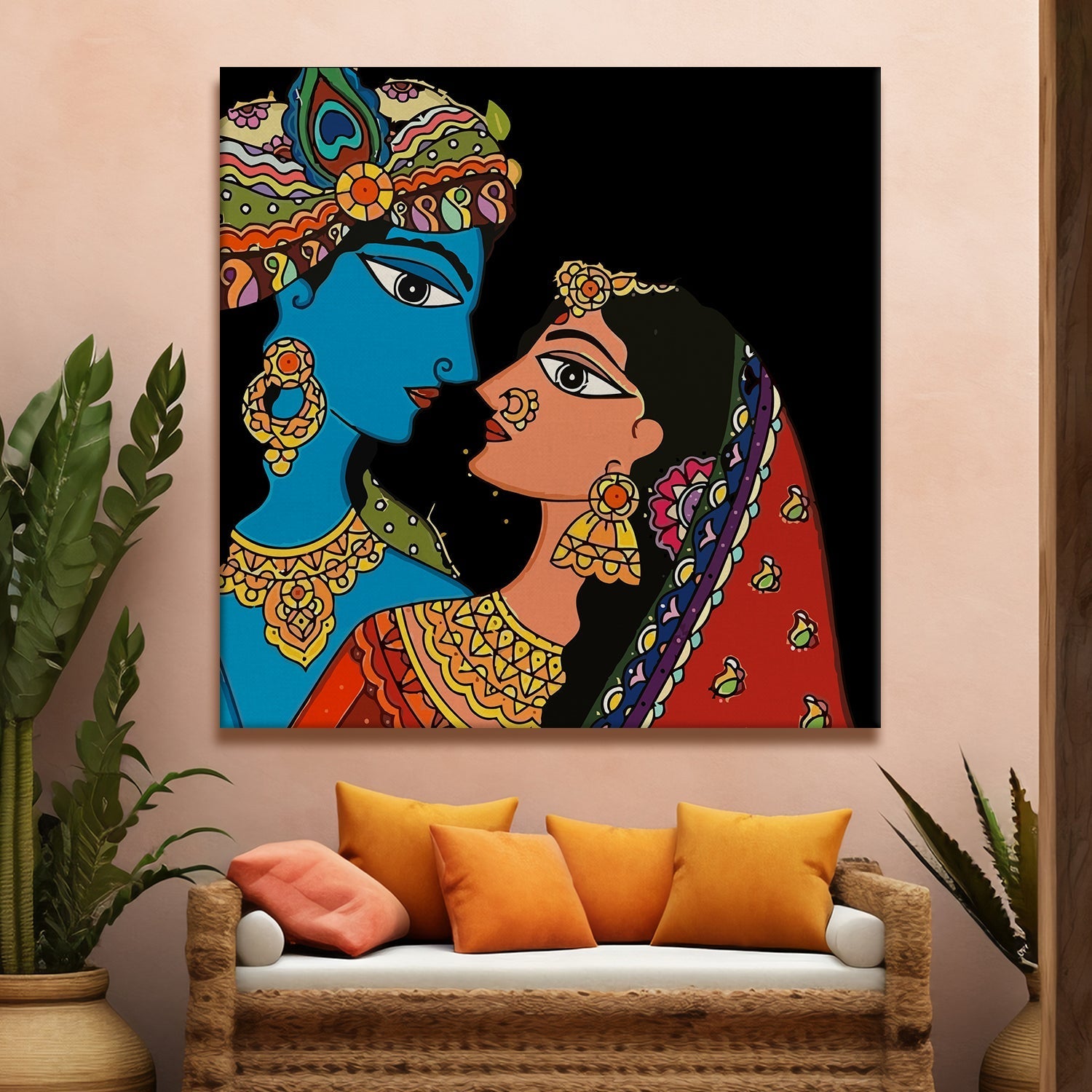 Radha Krishna Madhubani Canvas Painting in Black for Bedroom Wall Decoration