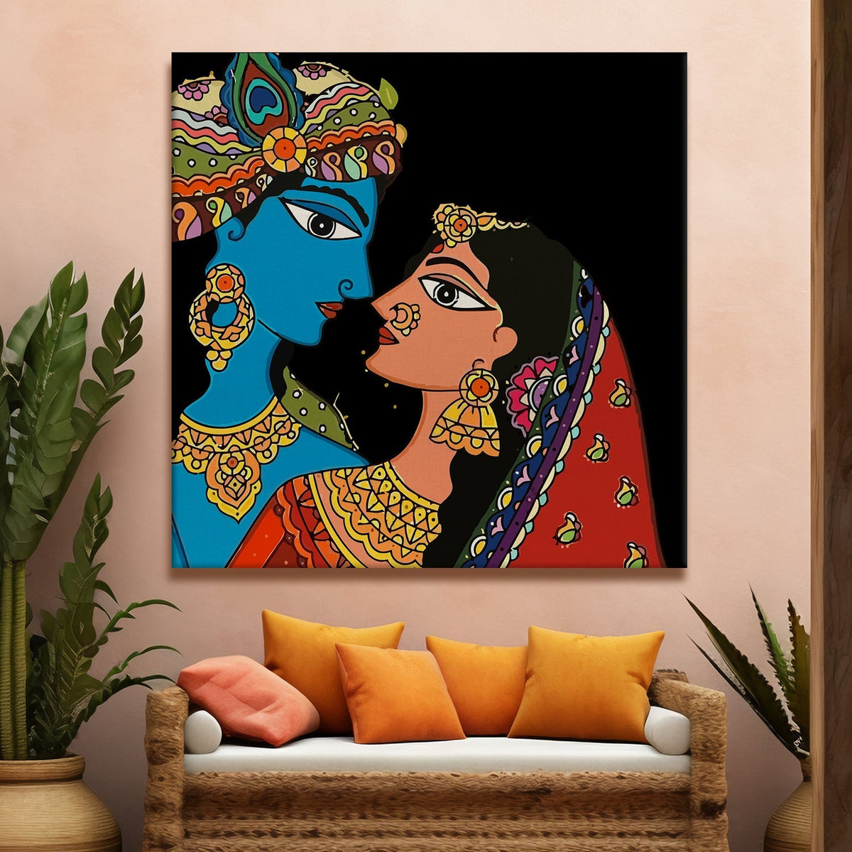 Radha Krishna Madhubani Canvas Painting in Black for Bedroom Wall Decoration