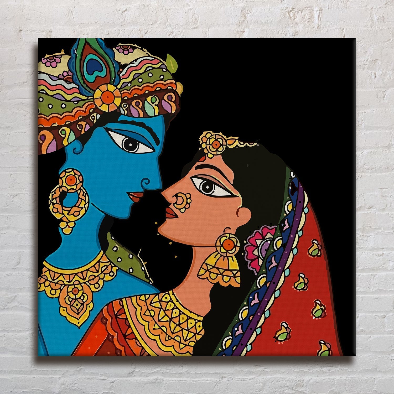 Radha Krishna Madhubani Canvas Painting in Black for Bedroom Wall Decoration