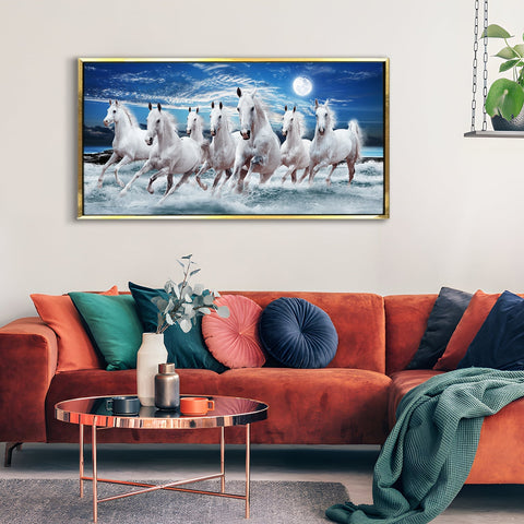 Seven Running Horses Vastu Canvas Paintings Framed For Living Room Wall Decoration