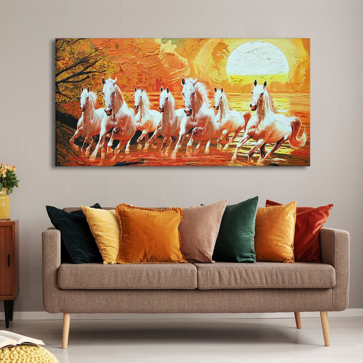 Seven Running Horses Vastu Canvas Paintings Framed For Living Room Wall Decoration (VAWA02)