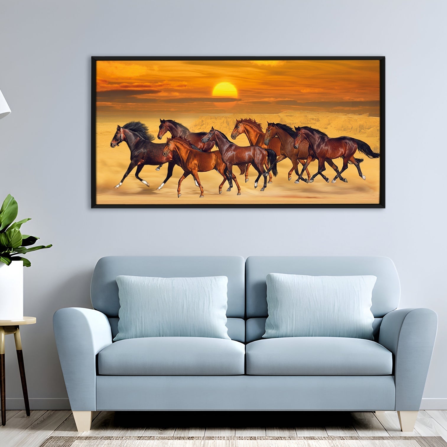 Seven Running Horses Vastu Canvas Paintings Framed For Living Room Wall Decoration (VAWA04)