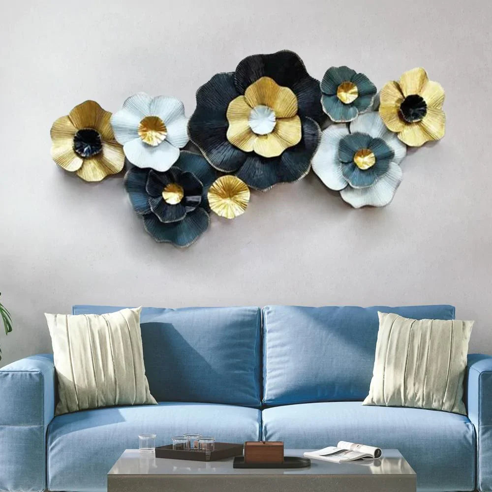 Shining Blue & Gold Floral Metal Wall Art