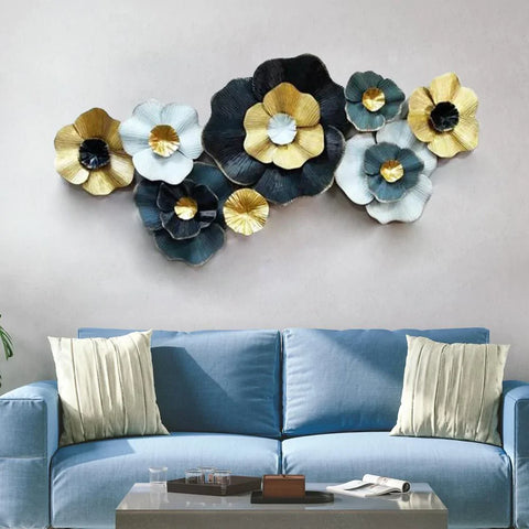 Shining Blue & Gold Floral Metal Wall Art