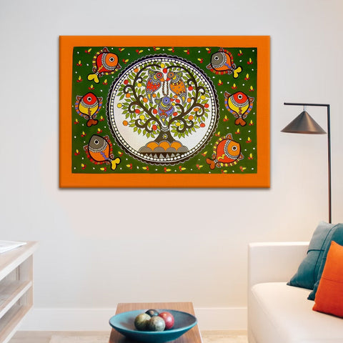 Tree of Life Madhubani Canvas Painting for Living Room and Hotels Wall Decor