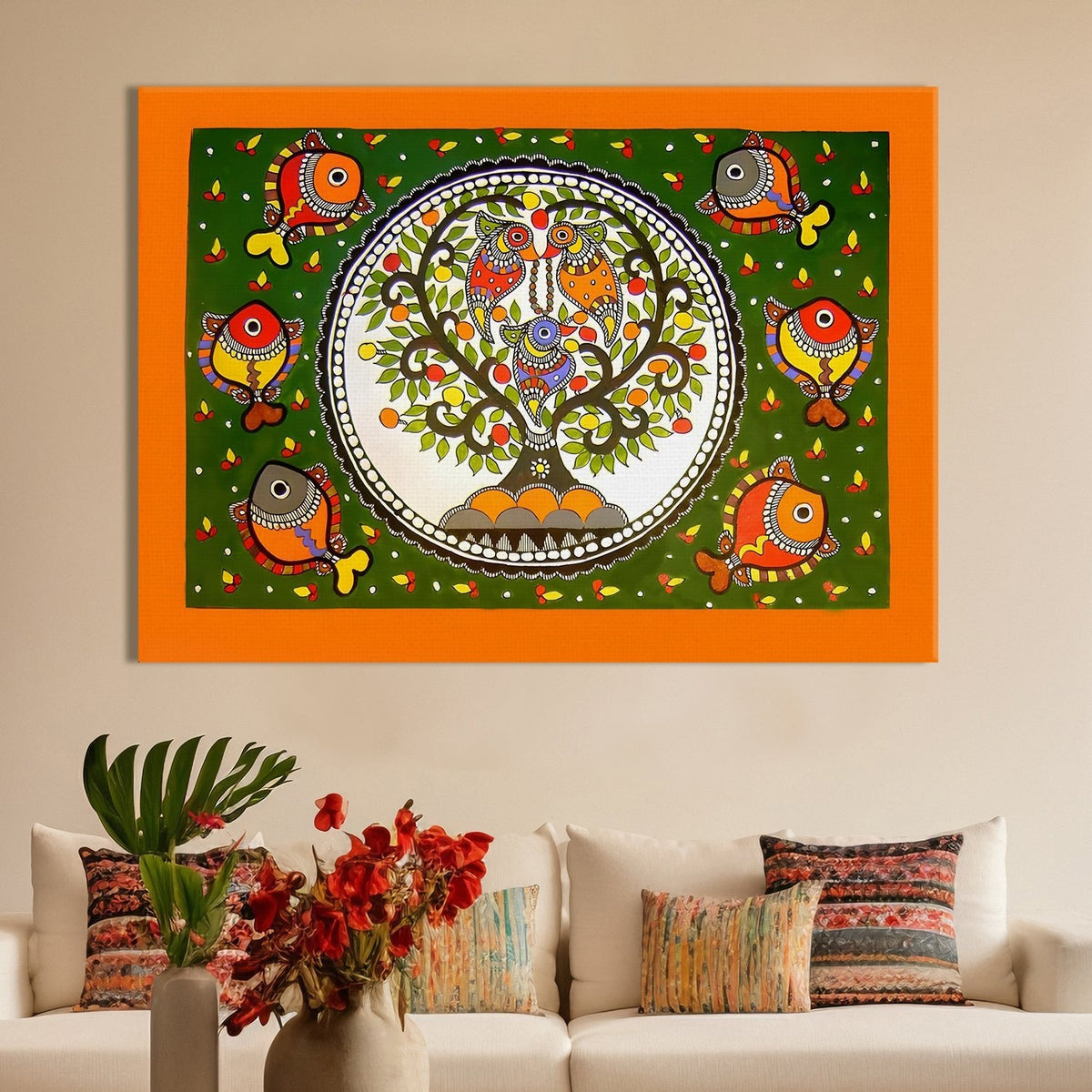 Tree of Life Madhubani Canvas Painting for Living Room and Hotels Wall Decor