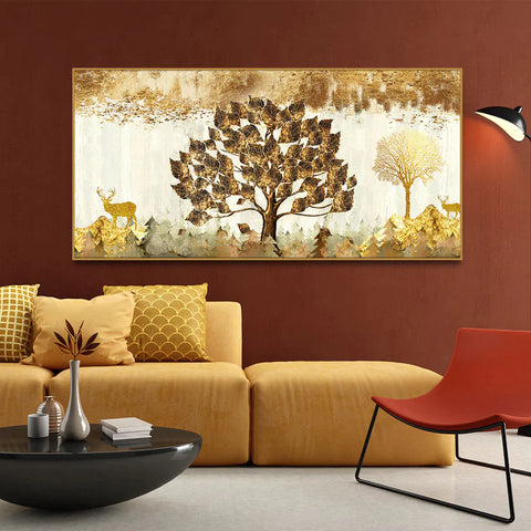 Beautiful Tree and Golden Deer Canvas Print Wall Painting