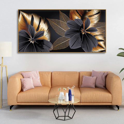 Flowers with Golden Monstera Leaves Canvas Wall Painting