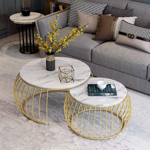 Ornate Rounded Metallic Marble Nested Coffee Table Set of 2