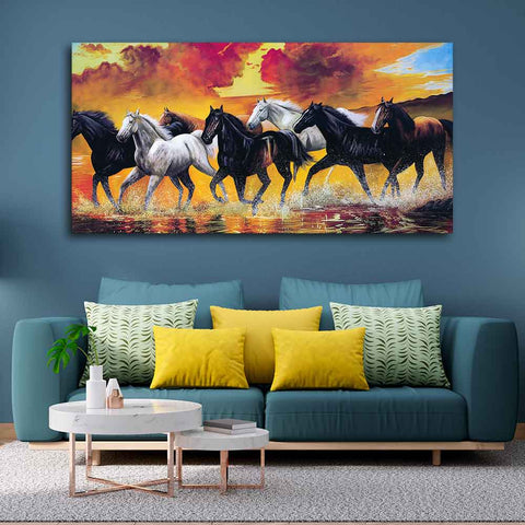 Panoramic Running Seven Horses Abstract Canvas Wall Painting