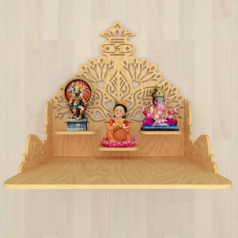 Beautiful Wall Hanging Wooden Temple/ Pooja Mandir Design With Shelf, Natural Color (DS012)