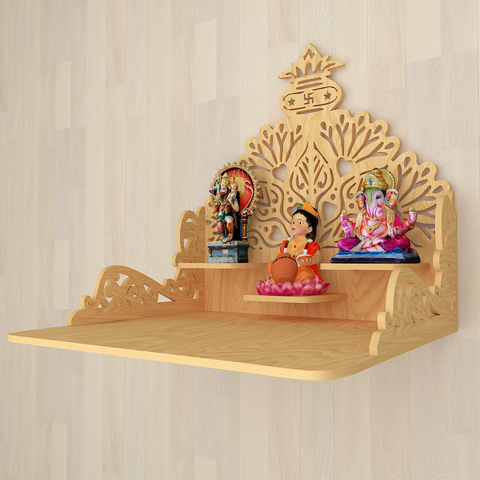 Beautiful Wall Hanging Wooden Temple/ Pooja Mandir Design With Shelf, Natural Color (DS012)