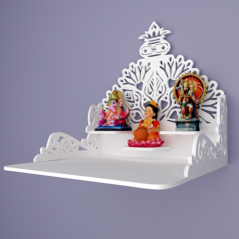 Beautiful Wall Hanging Wooden Temple/ Pooja Mandir Design with Shelf, White Color (DS013)