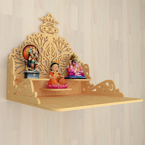 Beautiful Wall Hanging Wooden Temple/ Pooja Mandir Design With Shelf, Natural Color (DS012)