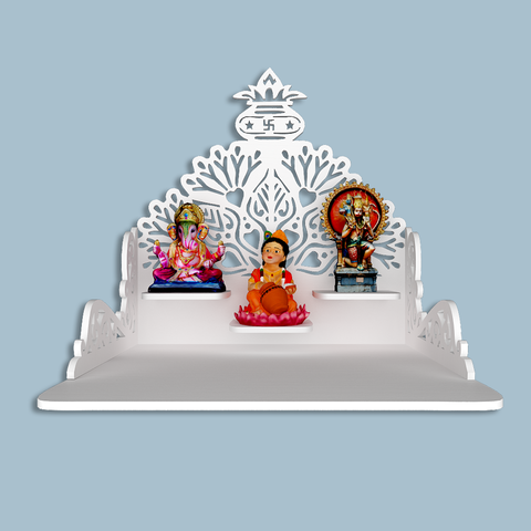 Beautiful Wall Hanging Wooden Temple/ Pooja Mandir Design with Shelf, White Color (DS013)